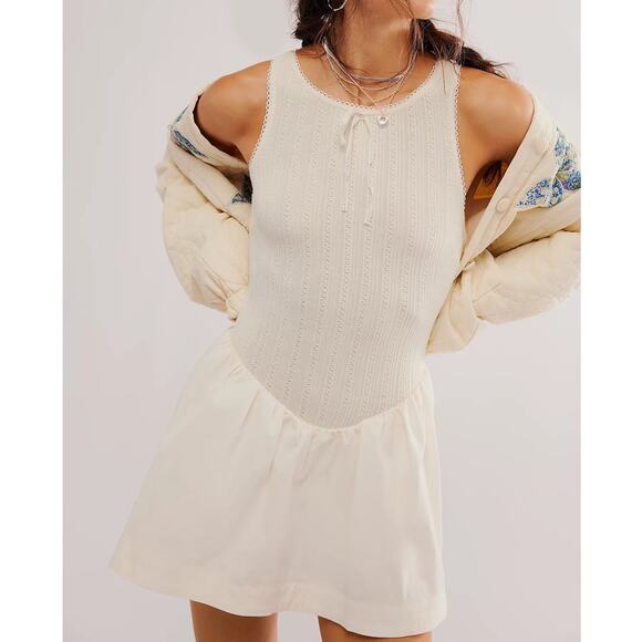 For Love & Lemons Billie Pointelle Mini Dress in Cream Drop Waist Poplin Knit - Picture 2 of 15